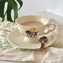 1 套 250 毫升法國鳶尾花陶瓷咖啡杯和碟子套裝,復古拿鐵咖啡杯和碟子適合下午茶,古董黃色