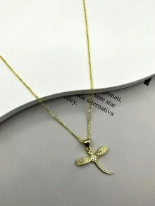 1個18k鍍金蜻蜓吊墜項鏈,鑲嵌立方氧化鋯,適合男女時尚可愛風格