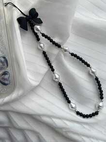1 件黑蝴蝶珍珠和白串珠防丢手机绳，适合送给母亲、家人、朋友、生日、节日的礼物，手机吊饰，手机链