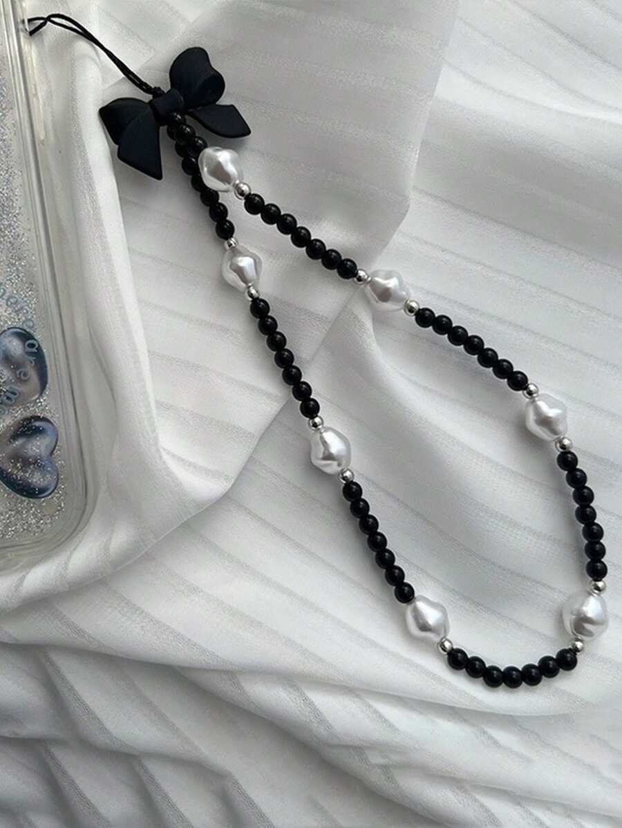 1 件黑蝴蝶珍珠和白串珠防丢手机绳，适合送给母亲、家人、朋友、生日、节日的礼物，手机吊饰，手机链