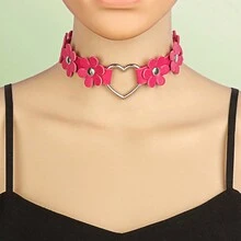 1pc Gothic Choker Collar Necklace With Pu Leather Strap And Metal Chain Design - Flower love necklace - View 16