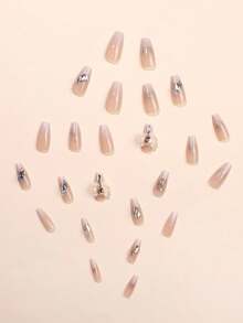24pcs Extra Long Coffin Shaped French Gradient Glittery False Nails With Rhinestones And 1pc File And 1pc Jelly Glue - Multicolor - View 4
