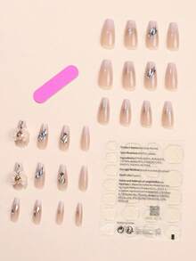 24pcs Extra Long Coffin Shaped French Gradient Glittery False Nails With Rhinestones And 1pc File And 1pc Jelly Glue - Multicolor - View 3