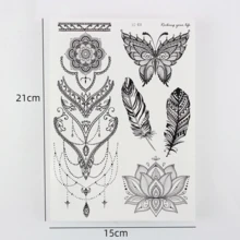 1張黑色羽毛曼陀羅花紋紋身貼紙，適用於成年女性和女孩的身體藝術花邊曼陀羅臂紋身 - 黑色 - 查看 2