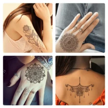 1張黑色羽毛曼陀羅花紋紋身貼紙，適用於成年女性和女孩的身體藝術花邊曼陀羅臂紋身 - 黑色 - 查看 4