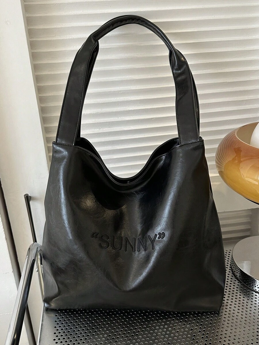 復古大容量 Pu 手提包流浪包,耐用輕便單肩斜背包,休閒時尚通勤包 - 黑色 - 查看 1