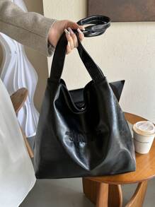 復古大容量 Pu 手提包流浪包,耐用輕便單肩斜背包,休閒時尚通勤包 - 黑色 - 查看 2