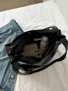 復古大容量 Pu 手提包流浪包,耐用輕便單肩斜背包,休閒時尚通勤包 - 黑色 - 查看 5