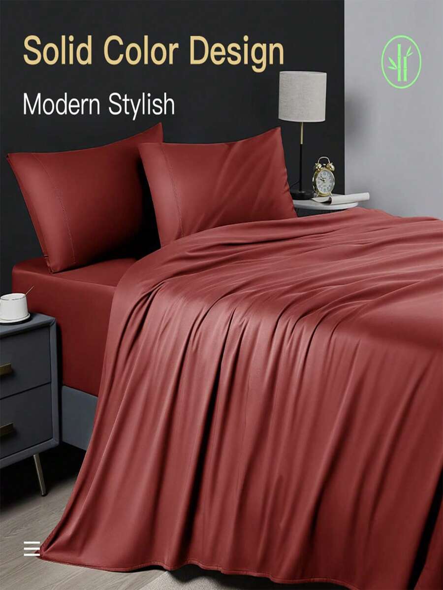 Bamboo Bed Sheets Set 4 Piece, 1800 Thread Count Super Silky Soft Sheet, 16 Inch Deep Pocket Breathable Sheet Set, Machine Washable- King/Queen - Burgundy - View 1