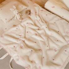 1入組兔子印花珊瑚絨嬰兒毛毯,適用於春秋冬季、幼兒園和午覺 - 粉色 - 查看 2