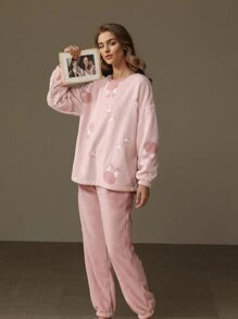 2 cái/bộ Của phụ nữ Lông cừu san hô Đồ ngủ , Mùa Thu /đông Dày lên Hoạt hình Trang phục mặc nhà Có thể Ngoài - Hồng - Xem 2