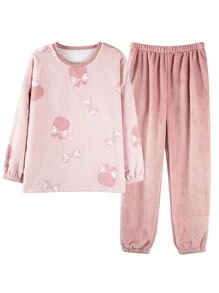 2 cái/bộ Của phụ nữ Lông cừu san hô Đồ ngủ , Mùa Thu /đông Dày lên Hoạt hình Trang phục mặc nhà Có thể Ngoài - Hồng - Xem 3