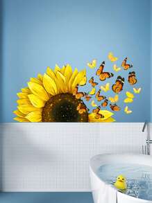 1入組向日葵牆貼花蝴蝶貼紙 - 植物可拆式牆貼,適用於臥室客廳背景牆裝飾兒童房廚房少女房向日葵壁紙,11.8"x23.6" - 彩色 - 查看 3