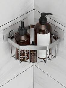 1pc Stainless Steel Kitchen Sink Corner Sponge Storage Basket, Bathroom Triangle Non-drilling Shelf Drain Rack - Silver - View 1