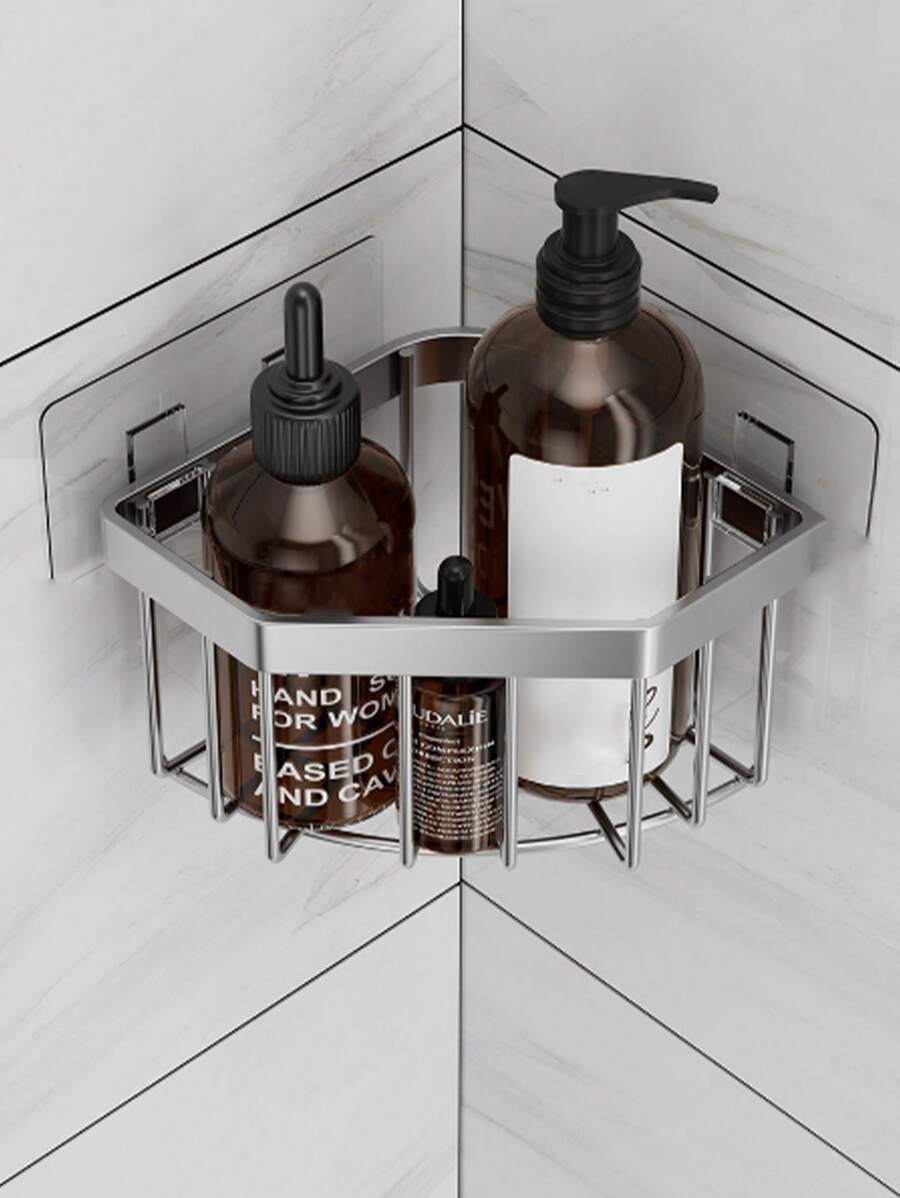 1pc Stainless Steel Kitchen Sink Corner Sponge Storage Basket, Bathroom Triangle Non-drilling Shelf Drain Rack - Silver - View 1