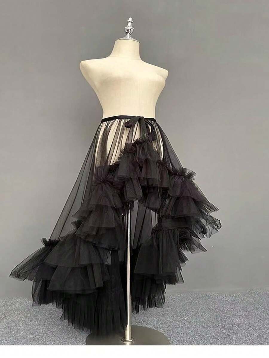 欧美风格婚纱，带有分层荷叶边和高低下摆，时尚可拆卸裙子万圣节万圣节服装女士秋季服装 - 黑色 - 查看 1