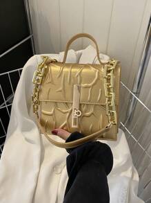 Women's Elegant Solid Color Embossed Flap Handbag, Versatile Solid Color Shoulder Bag, Suitable For Dates, Shopping, Gifts, Outings - Gold - View 9