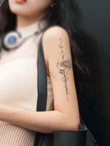 1 Pieza Tatuaje Temporal Impermeable Y No Reflectante Con Patrón De Loto Y Corazón Para Mujeres, Estilo Creativo Para El Brazo - Negro - Ver 2