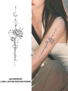 1 Pieza Tatuaje Temporal Impermeable Y No Reflectante Con Patrón De Loto Y Corazón Para Mujeres, Estilo Creativo Para El Brazo - Negro - Ver 1