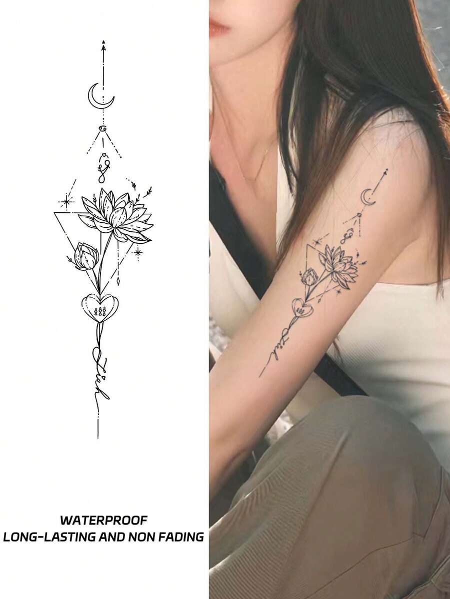 1 Pieza Tatuaje Temporal Impermeable Y No Reflectante Con Patrón De Loto Y Corazón Para Mujeres, Estilo Creativo Para El Brazo - Negro - Ver 1