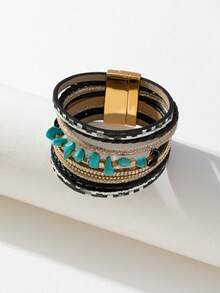 1條具有人造破碎綠松石和鑽石裝飾的pu皮革磁扣手鐲,通用寶石經禮物取向於派對和朋友