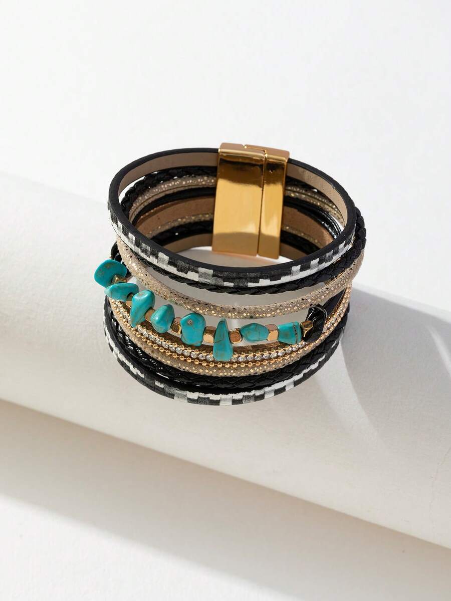 1條具有人造破碎綠松石和鑽石裝飾的pu皮革磁扣手鐲,通用寶石經禮物取向於派對和朋友