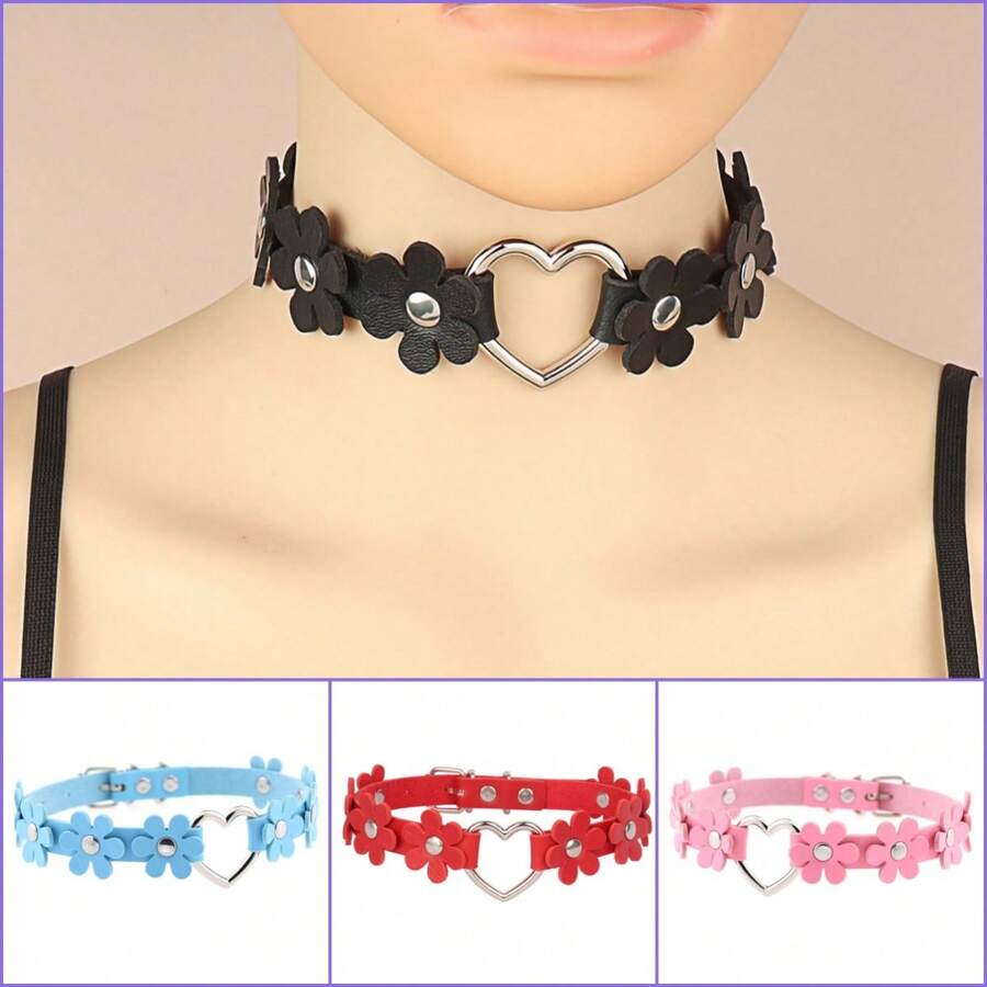 1pc Gothic Choker Collar Necklace With Pu Leather Strap And Metal Chain Design - Flower love necklace - View 1