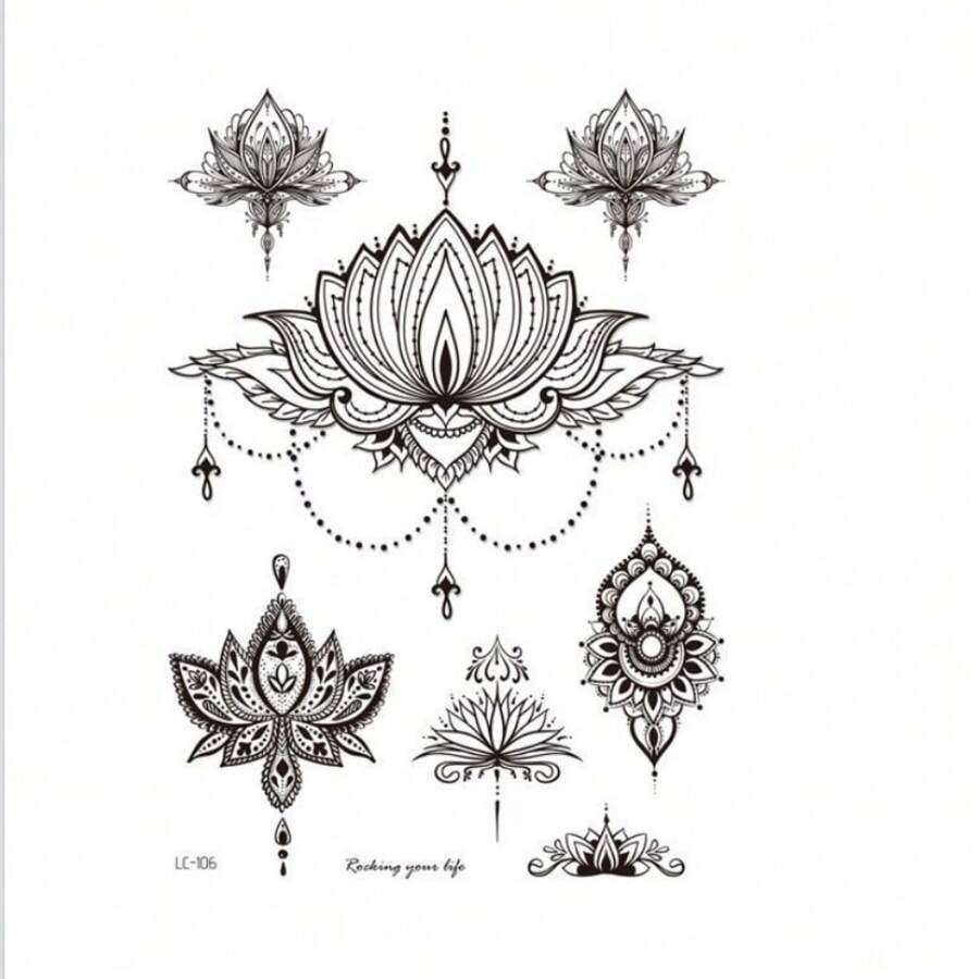 1張黑色花紋臨時紋身貼紙，配有羽毛，曼陀羅和花卉身體藝術袖套紋身貼紙花邊曼陀羅紋身 - 黑色 - 查看 1