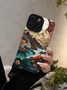 1入組PU皮革山水圖案防摔手機外殼適用於iphone(平底印花,不是3D效果) - 彩色 - 查看 3