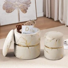 Furnistyle Round Velvet Ottoman Pack Of 2, One Bigger For Storage And The Other Smaller For Footstool, Modern Upholstered Tufted Footstool In Bronzed Fabrics, Ottoman Stool Set With Storage, Accent Vanity Stool Chair For Makeup Room, Bedroom And Living Room, Side Table Footrest For Easter Decorations