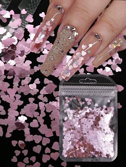 1Pack 3G Pink Holographic Nail Art Heart Flakes Sequins Manicure Valentine'S Day Decorations Diy Nail Charms Nail Gems Nail Supplies Nails