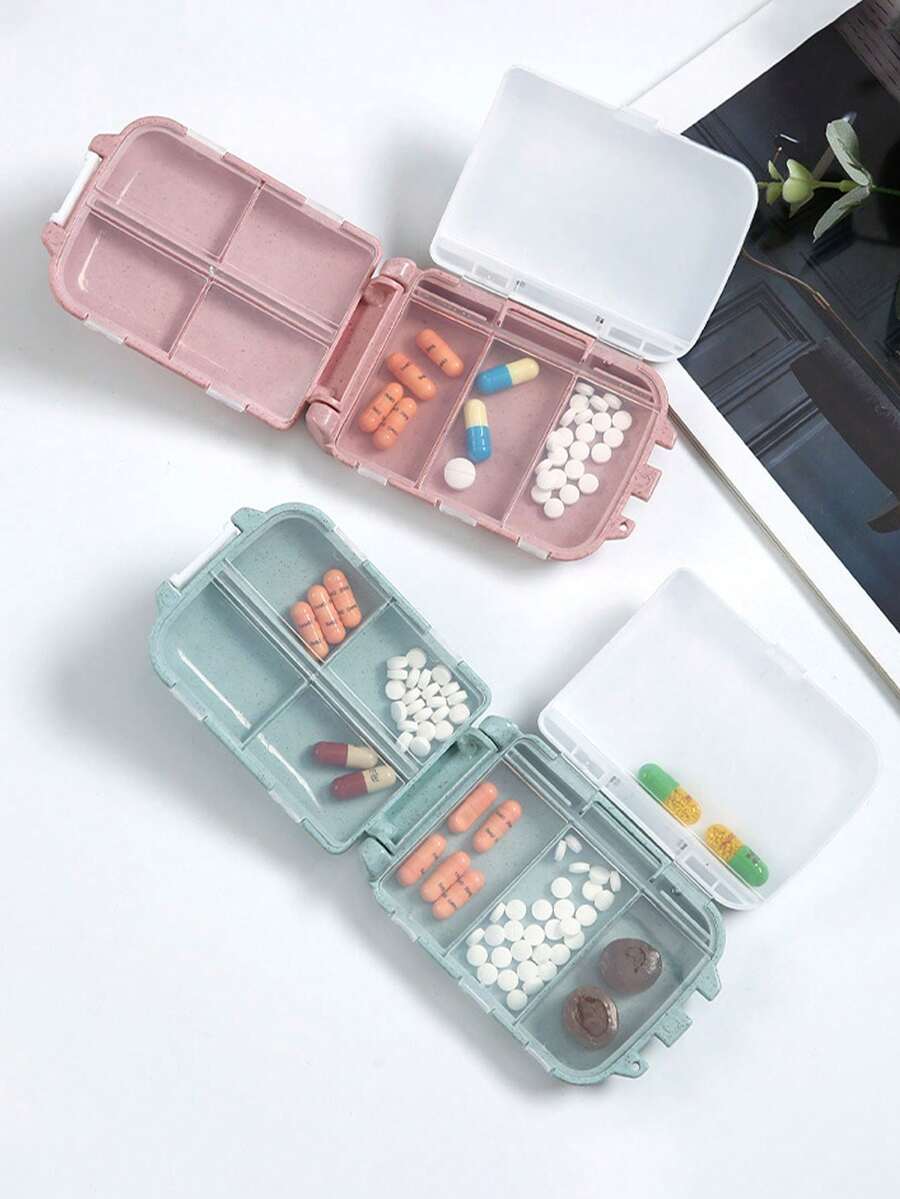1pc Portable Sealed Medicine Storage Box With 8 Compartments, Pills Separator, Double Layer Design - wheat blue - View 1