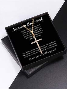 1pc Concise Gold-colored Rhinestone Decor Cross Pendant Necklace For Men With Gift Box, Ideal For Boyfriend Gift - Gold - View 2