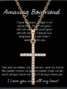 1pc Concise Gold-colored Rhinestone Decor Cross Pendant Necklace For Men With Gift Box, Ideal For Boyfriend Gift - Gold - View 1