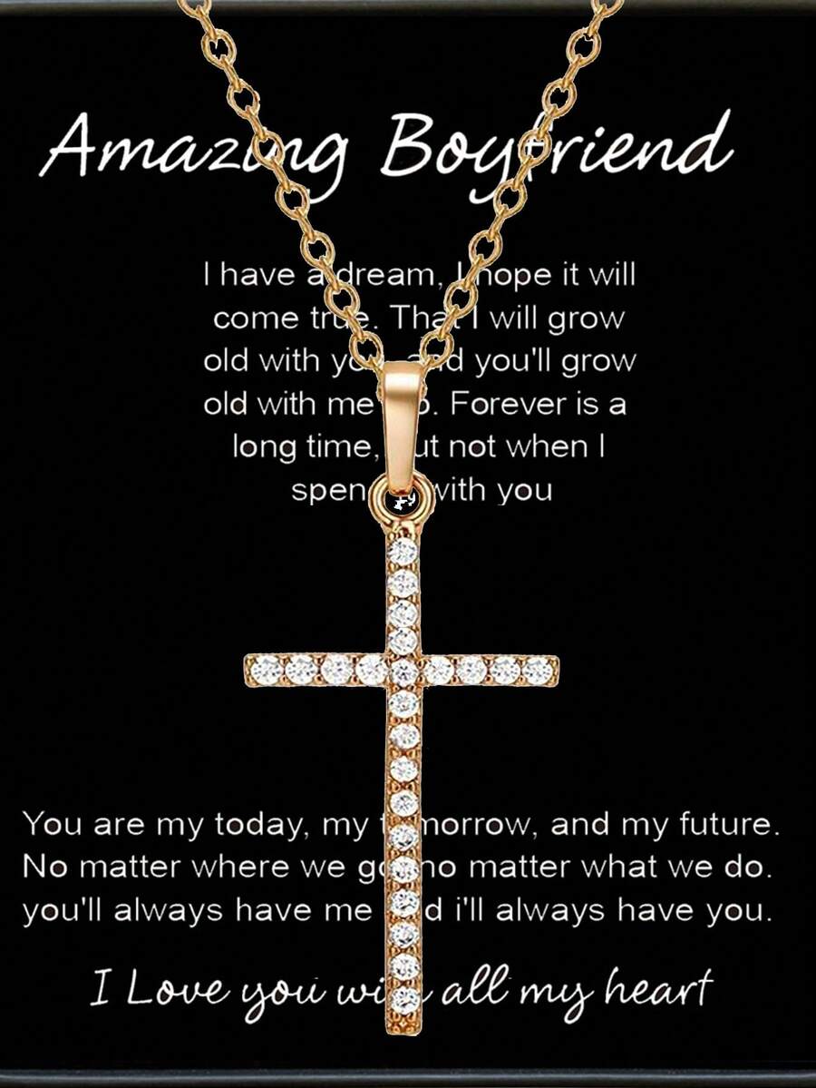 1pc Concise Gold-colored Rhinestone Decor Cross Pendant Necklace For Men With Gift Box, Ideal For Boyfriend Gift - Gold - View 1