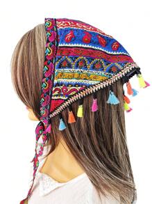 1入款波西米亞風格全花卉印花布頭巾,帶流蘇,適合女性懷舊多樣化髮飾