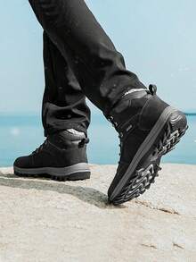 1pair Men's Athletic Style Plain Toe Front Lace-up Low Top Outdoor Sports Shoes For Winter And Snow, Black Trekking Shoes - Black - View 3