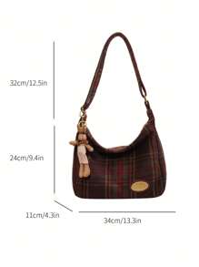 Plaid Block Large Capacity Women's Shoulder Bag Crossbody Bag Tote Bag , Office Bag - Burgundy - View 4