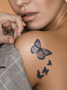 CAT QUEEN ART 4入組藍色草本半永久性紋身貼紙蝴蝶圖案,持久耐用,不反光,適用於手腕、身體、果汁貼紙 - 黑色 - 查看 4