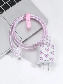 Eva 数据线收纳袋 + 粉色爱心 1.5m 绕线器 + 防断线固定器 + Tpu 充电头保护套 6 件/套，兼容 20w 快充数据线 兼容 数据线保护套，充电器保护套 - 粉色 - 查看 2