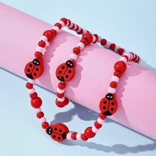 2pcs Children's Wooden Beaded Jewelry Set For Girls, Including 1pc Necklace With Ladybug Pendant And 1pc Bracelet, Great Holiday Party Gift, Toy Decoration For Kids