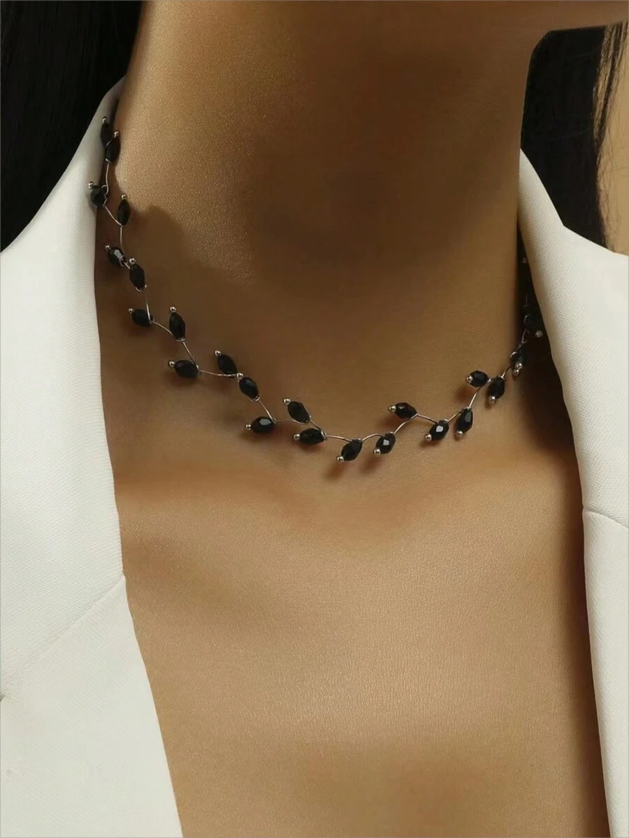 1條黑水晶串珠鎖骨鏈,創意極簡風格通用時尚頸鍊 - 黑色 - 查看 1