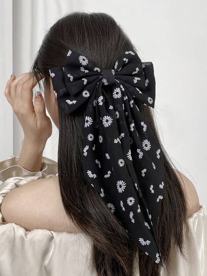 1pc Women's Hair Clip, Minimalist Elegant Black Daisy Print Bow Design, Suitable For Daily Wear, Spring/Summer, Vacation Outfit Accessory