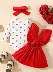 3-teiliges Valentinstag Outfit-Set für Baby Mädchen, Langarm-Bodysuit mit Herzen, Cord-Rüschen-Latzkleid und Stirnband - Weiss - Übersicht 3