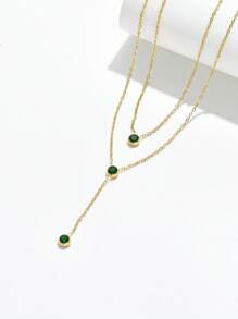 綠鋯裝飾多層 Y 型時尚不銹鋼項鍊 - 綠色 - 查看 2