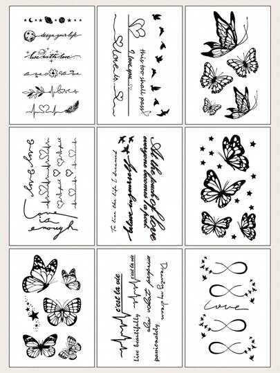 STARTTOOS 9入組黑蝴蝶、文字和心跳圖案臨時紋身貼紙,適用於手腕等小部位
