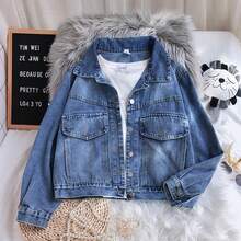 Chamarra Mezclilla Deslavada Con Estampada Para Mujer Moda - Azul - Ver 2