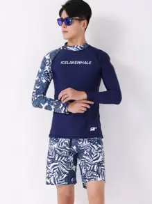 Men's Printed Rash Guard Swimwear With Separated Long Sleeves And Square Leg Trunks For Surfing - Blue - View 2