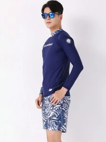 Men's Printed Rash Guard Swimwear With Separated Long Sleeves And Square Leg Trunks For Surfing - Blue - View 3