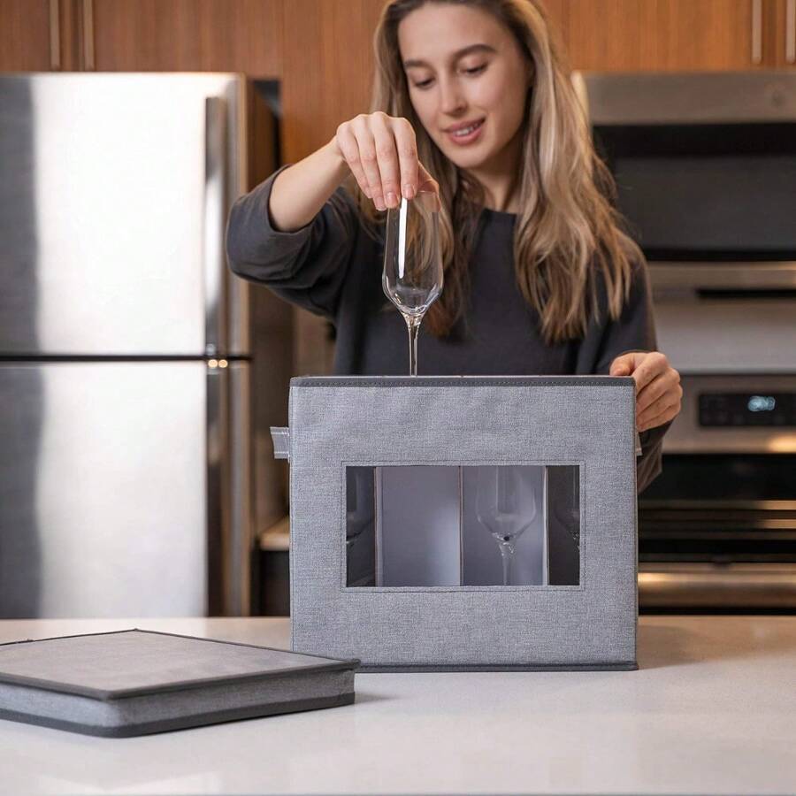 2 Pack Champagne Flutes Storage Box with Lid, Handles, Stemware